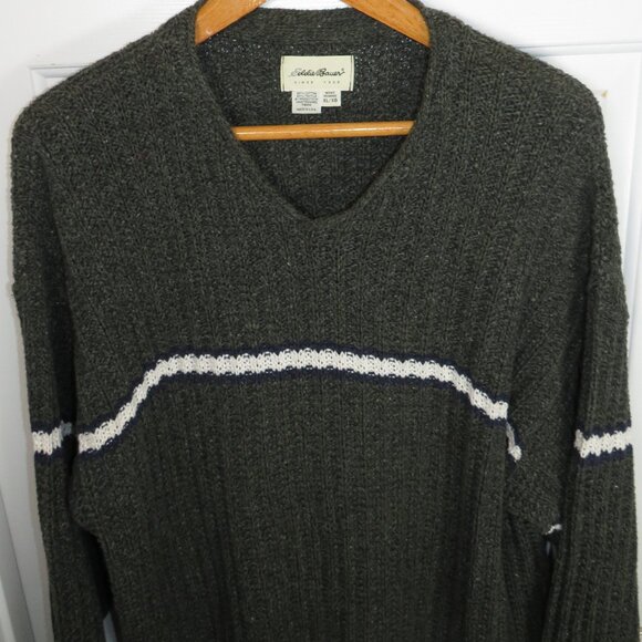 Vintage Eddie Bauer Chunky Knit V-Neck Sweater Stripe Mens XL Made in USA - Picture 2 of 4